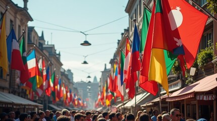 A vibrant display of flags from various countries fluttering in the wind