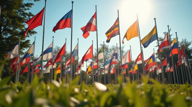 A vibrant display of flags from various countries fluttering in the wind