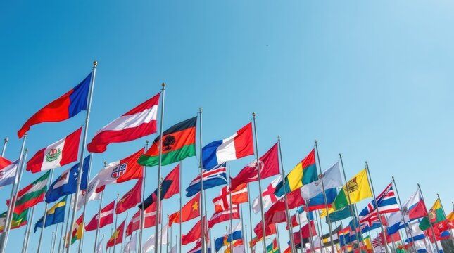 A vibrant display of flags from various countries fluttering in the wind