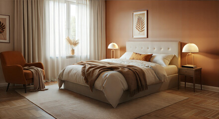 Fototapeta premium A cozy bedroom, highlighting the importance of creating a relaxing and comfortable space.
