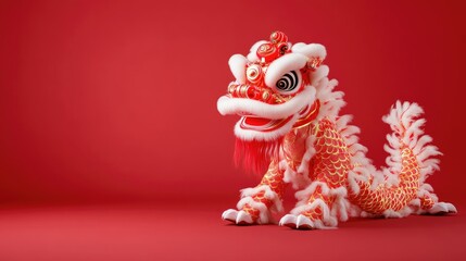Chinese lion dance isolated on studio red background with copy space.