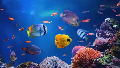 Naklejka premium Vivid Tropical Underwater Paradise Vibrant Coral Reef Teeming with Exotic Fishes amidst a Kaleidoscope of Colors and Textures.