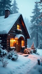 Snowflakes gently fall around a cozy winter cottage, frosty scene, soft focus, festive atmosphere