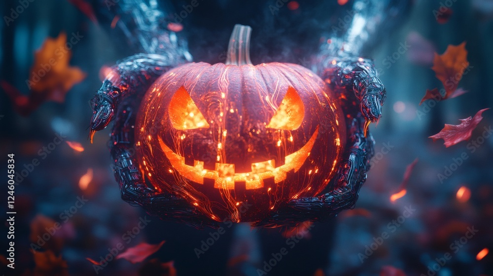 Aufkleber cybernetic entity pulsating circuits and feather details holds a lit carved pumpkin surrounded by ne