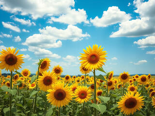 Flowery field with tall sunflowers under a clear blue sky and white clouds
