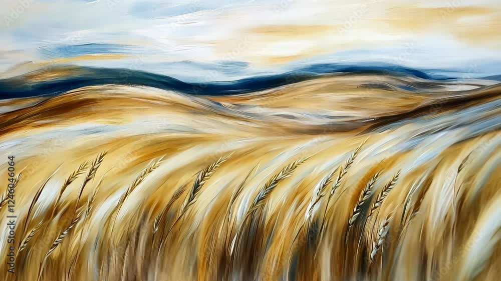 Poster golden wheat fields sway gently under a vast sky with soft clouds in a serene landscape during a war
