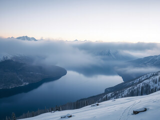 Panoramic view of snow-capped mountains at dawn, with reflection in a crystal clear lake
