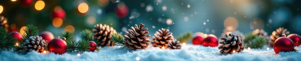 Obraz premium Snowflakes gently falling on a bed of pinecones and ornaments, shine, festive, holiday