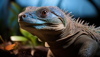 Obraz premium Vivid CloseUp of Tuatara Reptile in Low Light, Showcasing Ancient Ecosystem and Unique Camouflage Patterns on New Zealands Native Fauna, Perfect for Digital Art, Home Decor, or Inspiring