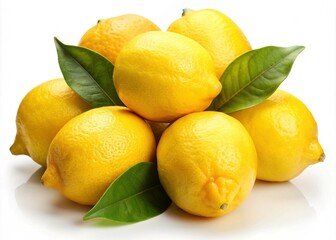 Fresh lemons on a branch with vibrant green leaves isolated on white background
