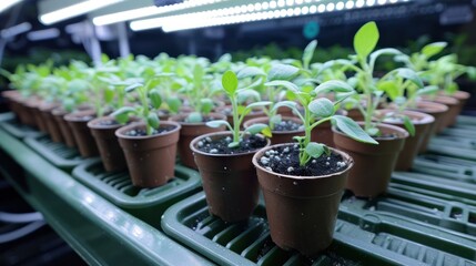 Close-up view of young seedlings in small pots under grow lights in a greenhouse setting