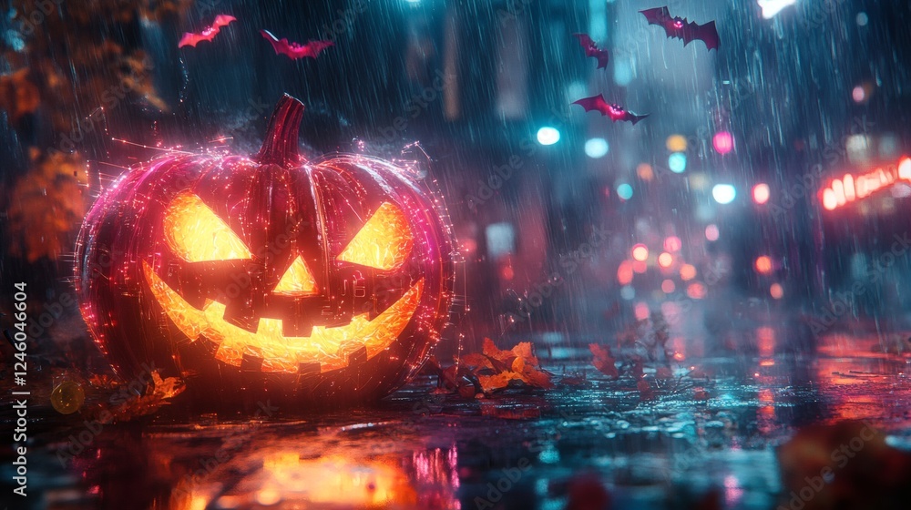 Aufkleber cybernetic entity pulsating circuits and feather details holds a lit carved pumpkin surrounded by ne