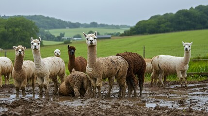 Fototapeta premium A group of alpacas standing in a muddy field after a light rain, their wool slightly damp. Some alpacas are playfully rolling in the mud, while others stand calmly, their fur coated with splashes.