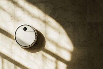 Robotic Vacuum Cleaner Resting On Beige Tile Wall