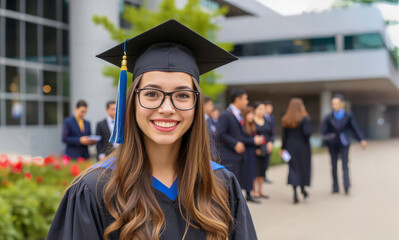 A cute graduation glasses girl standing and posing at university, ceremony for success concept.