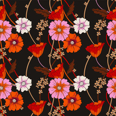 vintage pattern with bright flowers, seamless in 70s style, brown red, pink, colors