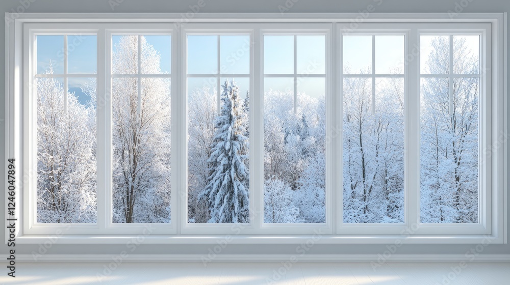 Aufkleber frosted trees create a serene winter view from a spacious room featuring expansive windows in a brig