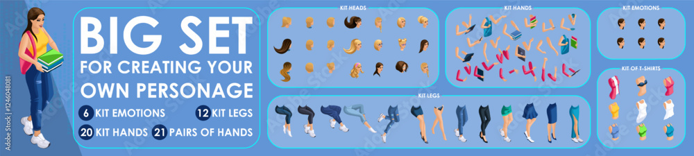 Poster isometric girl character constructor for designed. set various action n4. set of students personages