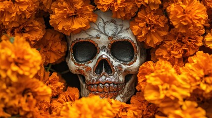 Ornate skull nestled amongst vibrant orange marigolds, a symbolic representation of Dia de Muertos.