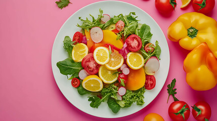 Healthy meal flat lay with vibrant ingredients on a clean plate