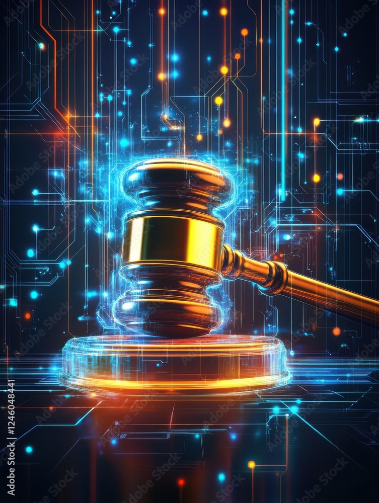 Poster abstract tech background with a judge gavel, blending justice with advanced technology.