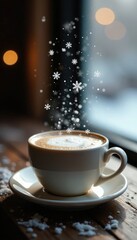 Snowflakes gently falling on a warm cup of coffee, winter, cozy, peaceful