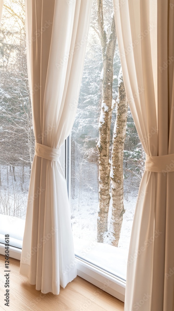 Aufkleber frosted trees create a serene winter view from a spacious room featuring expansive windows in a brig