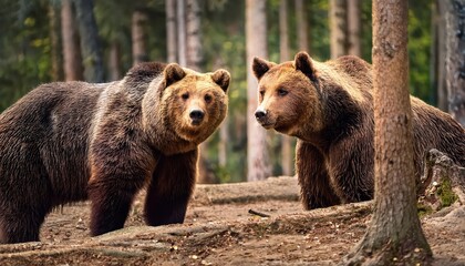 Majestic Brown Bears Roam Abundant Forest Habitat Two Gigantic Bears Encounter in Wilderness at Dusk, Highlighting the Beauty and Peril of Nature