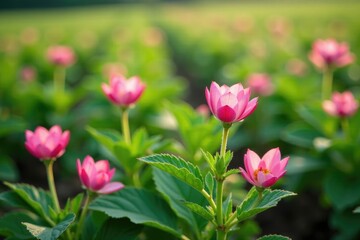 Fototapeta premium Blooming potato plants with delicate pink flowers against green leaves, flower, blossom, farm