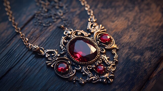 A vintage-style necklace with a large ruby gemstone at its center, surrounded by smaller garnet stones. The chain is ornate and antique-looking, with intricate designs and a slightly aged appearance.