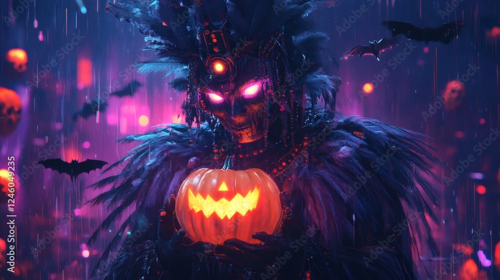 Poster cybernetic figure adorned feathers and intricate patterns holding a glowing pumpkin surrounded by ne