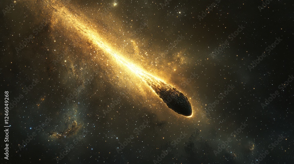 Poster glowing comet traveling through deep space in starry universe