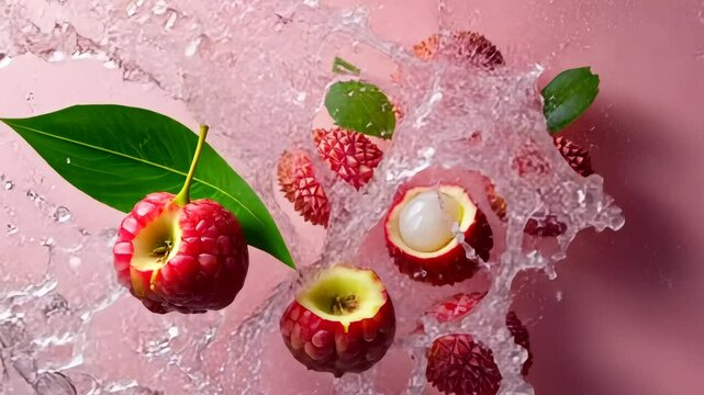 Juicy lychee splash: fresh fruit in motion with water burst and green leaves