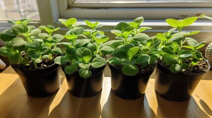 Lush green seedlings thriving in black pots on a sunlit windowsill, showcasing growth and vitality