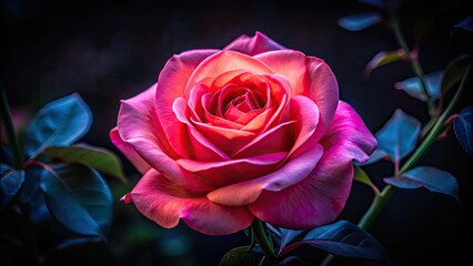 Dark garden, close-up: a vibrant pink coral rose blooms under the night sky.