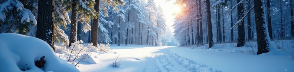 Fototapeta premium Snowflakes gently fall on frozen forest, casting a serene silence, nature, peaceful, forest