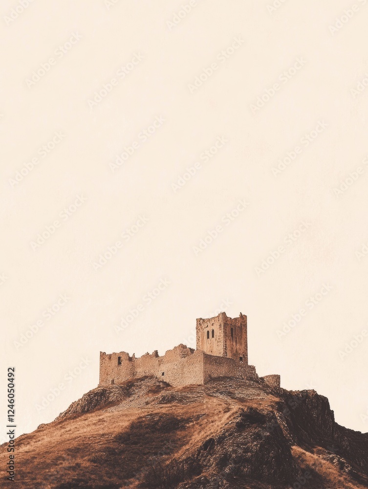 Poster ancient castle perched on a hilltop under a soft sky with ample space for creative text overlay. gen