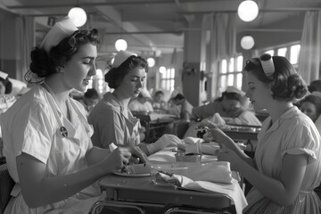 Nurses providing care to patients in a historic hospital ward during the mid-20th century