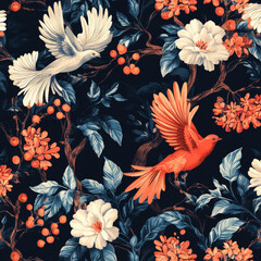 Floral pattern with birds and vibrant foliage