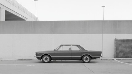 Classic car parked in city lot, urban backdrop