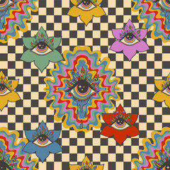 psychedelic seamless pattern flowers with eyes, checkered