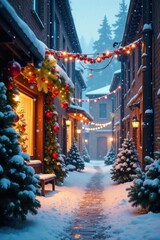 Fototapeta premium Snowflakes gently fall onto a festively decorated alley, where red and green garlands meet sparkling icicles, christmas, holiday, festive