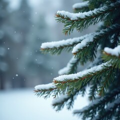 Snowflakes gently fall onto the branches of a bare evergreen, winter, bare, serene