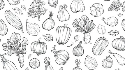 Seamless vegetable pattern with hand-drawn doodle line art, isolated on a white background