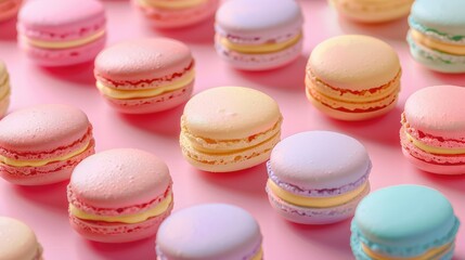 Fototapeta premium Bright flatlay of colorful macarons on a vibrant background.