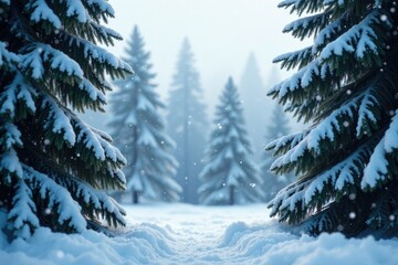 Obraz premium Snowflakes gently fall on towering evergreens, nature, Frosty forest landscape