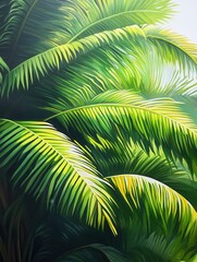 Obraz premium Close-up of palm tree fronds gently swaying in the breeze, their bright green leaves catching the sunlight in a tropical paradise