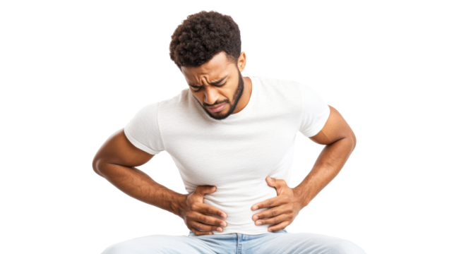 Man with stomach pain on transparent background - Powered by Adobe