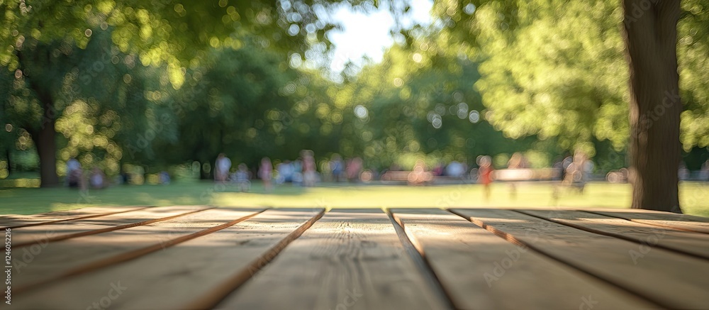 Poster wooden table in sharp focus foreground with lush green park blurred background and soft sunlight fil
