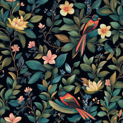 Colorful birds and flowers in lush pattern